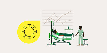 Ein Mann liegt im Krankenhausbett, an medizinische Ger&auml;te angeschlossen. Vor dem Bett steht ein Arzt. Im Hintergrund ist ein Liniendiagramm mit zwei Graphen zu sehen, einer steigend, einer fallend. Au&szlig;erdem das Symbol des Covid-19 Virus.
