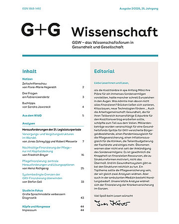 Foto: Cover der G+G-Wissenschaft (GGW) - das Wissenschaftsforum in Gesundheit und Gesellschaft 2/25.