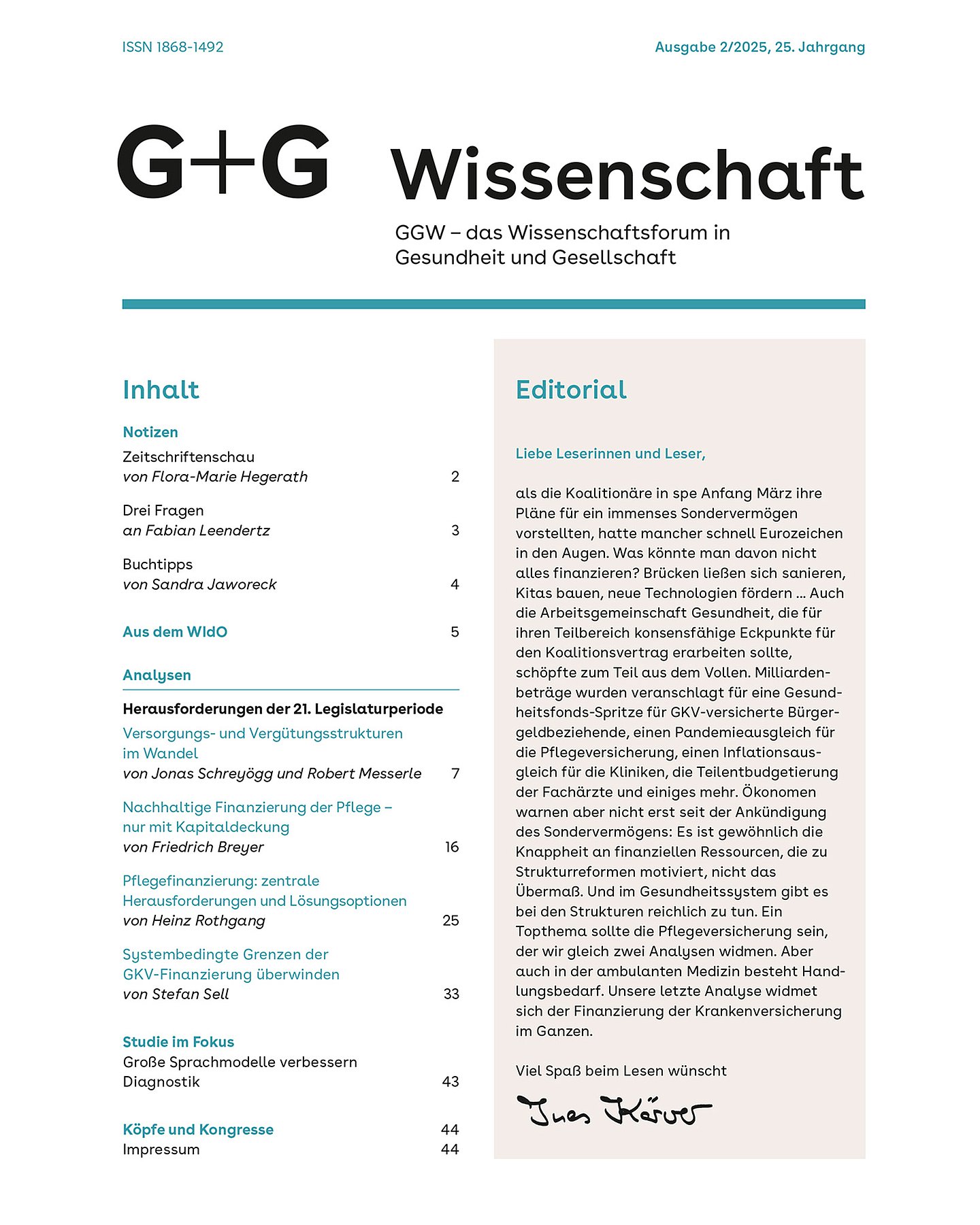 Foto: Cover der G+G-Wissenschaft (GGW) - das Wissenschaftsforum in Gesundheit und Gesellschaft 2/25.