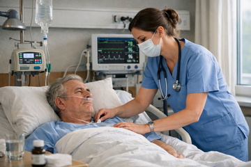 Eine medizinische Fachkraft pflegt einen &auml;lteren Mann, der in einem Krankenhausbett liegt.