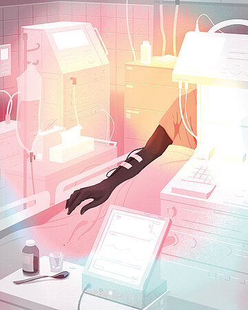 Illustration: Mensch in Behandlungszimmer, Arm eines Menschen ist an Infusionen, Ger&auml;te angeschlossen.