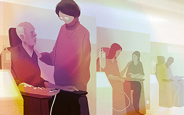 Illustration: Menschen auf Sesseln bei der Chemotherapie, neben ihnen Angeh&ouml;rige, die ihre Hand halten.