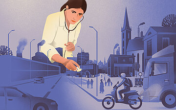 Illustration: Illustration einer Stadt mit Luftverschmutzung: Eine &Auml;rztin h&ouml;rt die Stadt mit einem Stethoskop ab; Verkehr mit Auto, Lkw und Roller im Vordergrund.