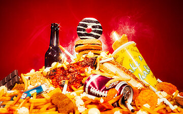 Ungesunde Lebensmittel, wie Pommes, Donuts, Alkohol, Zigaretten, S&uuml;&szlig;kram etc. liegen vergoldet und scheinend auf einem gro&szlig;en Haufen.