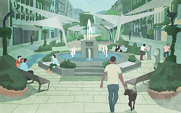 Illustration eines begr&uuml;nten, autofreien Stadtplatzes mit Brunnen, B&auml;umen, Sitzgelegenheiten und Sonnensegeln. Mehrere Menschen halten sich auf dem Platz auf, im Vordergrund geht ein Mann mit einem Hund.