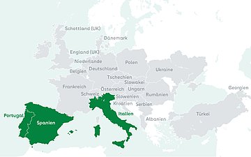 Auf einer Europakarte ist eine Auswahl an Ländern hervorgehoben, die bei einer Umfrage zum Thema Digital Health der WHO Europe teilgenommen haben.