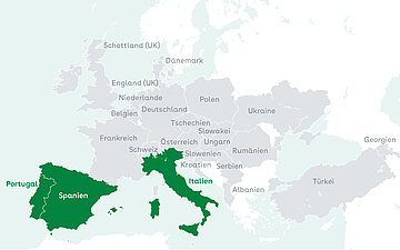 Auf einer Europakarte ist eine Auswahl an L&auml;ndern hervorgehoben, die bei einer Umfrage zum Thema Digital Health der WHO Europe teilgenommen haben.