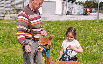 Foto: Ein &auml;lterer Mann, Mitbewohner eines Pflegebauernhofs, steht mit einem Kind und einem Alpaka auf der Wiese.
