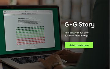 Das Bild zeigt einen Laptop mit einer Grafik aus dem Scrollytelling Pflege und verweist per Verlinkung auf diese.