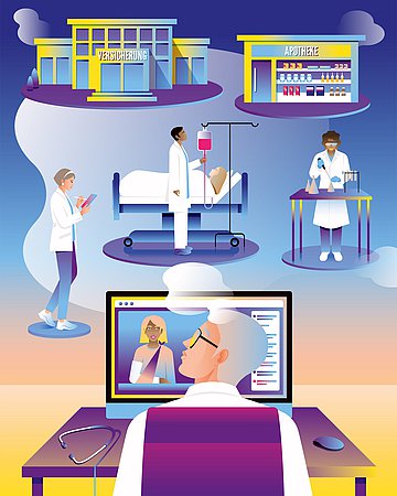Illustration: Im Vordergrund sitzt ein Arzt am Rechner und schaut sich die Akte einer Patientin an. Sein Kopf raucht. In der Ebene darüber sind drei Personen zu sehen. Links geht eine Frau und schaut dabei auf ein Tablet. In der Mitte ist ein Arzt am Tropf neben dem Bett einer Patientin. Rechts ist eine Laborantin, die Proben analysiert. Oben im Bild sind zwei Gebäude: Links ein Versicherungsgebäude und rechts eine Apotheke.