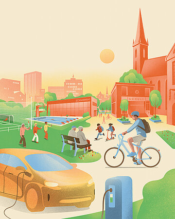 Illustration: Illustration einer lebendigen Stadt: Menschen spielen Fu&szlig;ball, Kinder fahren Roller, ein Mann f&auml;hrt Fahrrad, ein Elektroauto l&auml;dt; Schule, Schwimmbad und Kirche im Hintergrund.