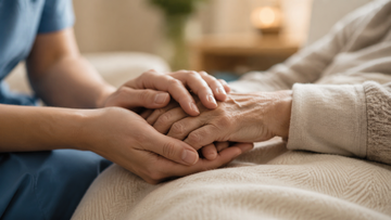 Die j&uuml;ngeren H&auml;nde einer Pflegeperson halten die H&auml;nde einer &auml;lteren Person.