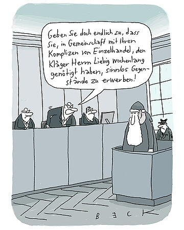 Foto: Illustration: Ein Weihnachtsmann steht vor Gericht. Dort sagt ein Richter zu ihm: "Geben Sie doch endlich zu, dass Sie, in Gemeinschaft mit Ihren Komplizen vom Einzelhandel, den Kl&auml;ger Herrn Liebig wochenlang gen&ouml;tigt haben, sinnlos Gegenst&auml;nde zu erwerben."