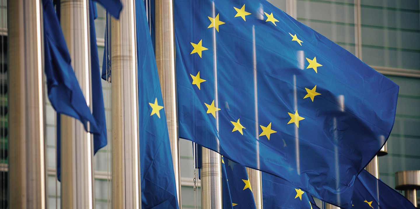 Die blaue Europaflagge mit gelben Sternen vor einem Gebäude