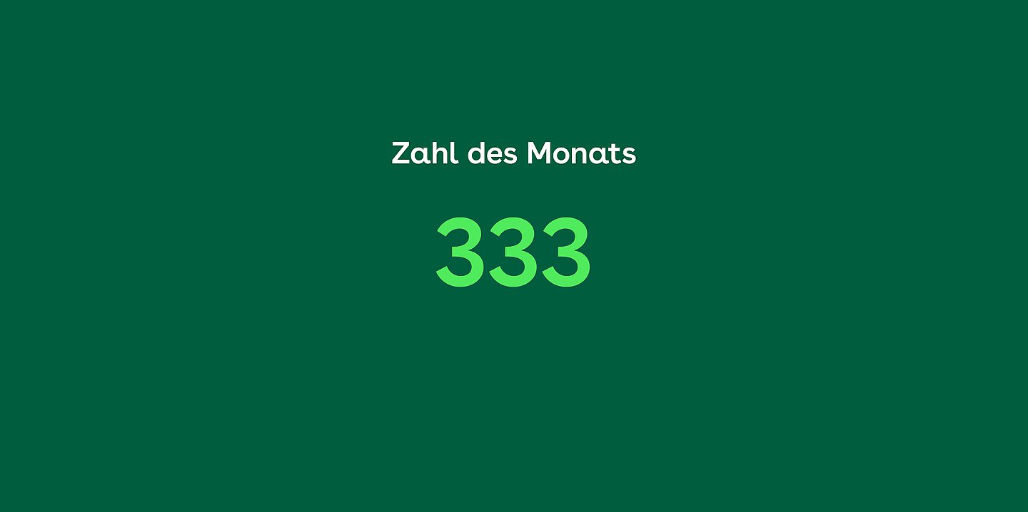 Grafik: Zahl des Monats in weiß, 333 in hellgrün, Hintergrund dunkelgrün