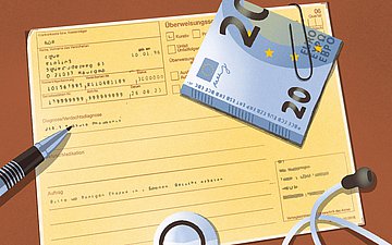 Illustration: Auf einem Tisch liegt ein Überweisungsschein. An ihm ist ein 20€ Schein befestigt. Außerdem auf dem Tisch liegen ein Stift und ein Stethoskop.