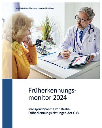 Das Titelbild zeigt in der oberen H&auml;lfte einen Arzt (rechts) mit Brille, grauen Haaren und Bart im Gespr&auml;ch mit einer blonden Patientin (links) mit rot lackierten Fingernn&auml;geln. Sie blickt auf ein Tablet, das der Arzt ihr hinh&auml;lt,. Dazwischen steht ein Shreibtisch. Der Arzt tr&auml;gt unter seinem wei&szlig;en Kittel ein hellblaues Hend mit blau-hellblau-grau gemusterter Krawatte. Die Frau tr&auml;gt ein dunkelgelbes Oberteil und ein hellgelbes Halstuch mit Blumenmuster. Auf dem Schreibtisch liegen noch weitere Akten, ein Blutdruckmessger&auml;t und eine PC-Tastatur