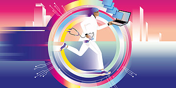 Illustration: In einem mehrfarbigen Kreis rennt eine &Auml;rztin. In der linken Hand ein Laptop mit Dateien, in der rechten &Auml;rzteequipment.