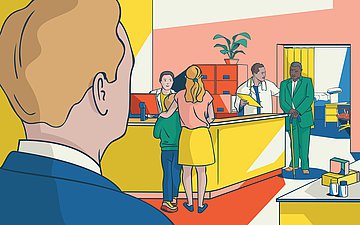 Illustration: Eine Mann von hinten aufgenommen im Blazer schaut in den Tresenbereich einer Arztpraxis. Dort stehen Menschen am Tresen und der Arzt mit einem Patienten dahinter. 