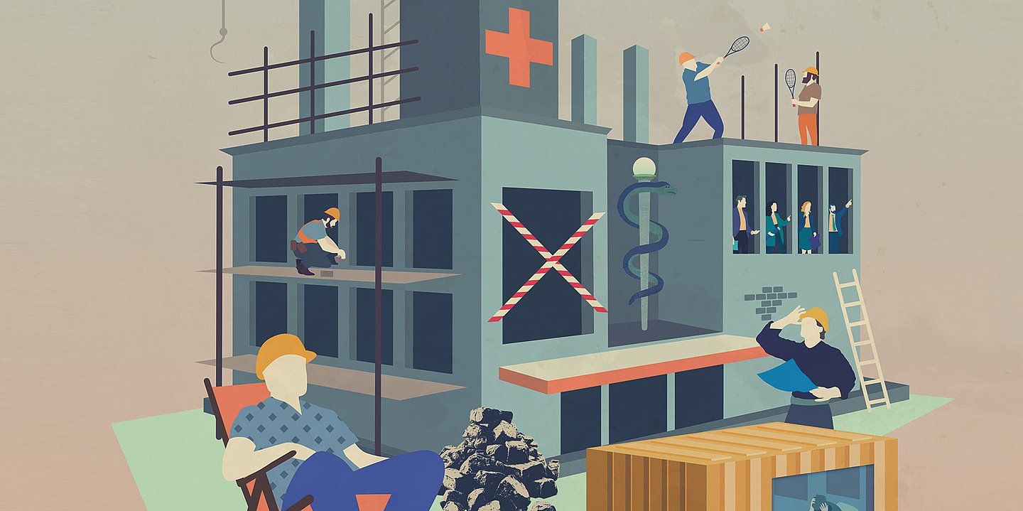 Illustration einer Krankenhausbaustelle, auf der es neben Betriebsamkeit auch Stillstand gibt