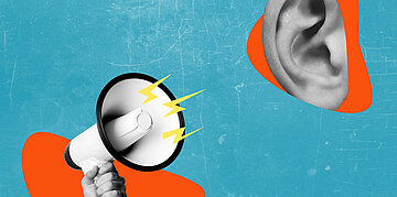 Foto: Illustration eines Megafons, das laute Ger&auml;usche in eine Ohr &uuml;bertr&auml;gt.