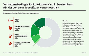 Tortendiagramm mit dem prozentualen Anteil an Todesf&auml;llen nach den Risikofaktoren: Tabak, Alkohol, geringe Bewegung und ungesunde Ern&auml;hrung