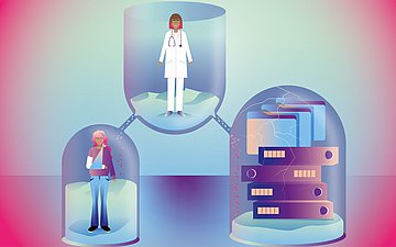 Illstration: In drei Schneekugeln sind links eine Patientin mit gebrochenem Arm, mittig eine Ärztin und rechts ein Berg mit Akten zu sehen.