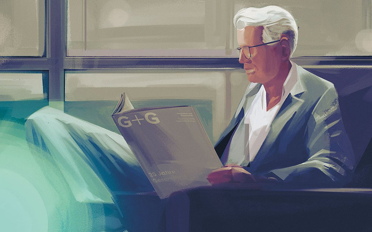 Illustration eines älteren Mannes, der vor einer Fensterfront sitzt und die G+G liest