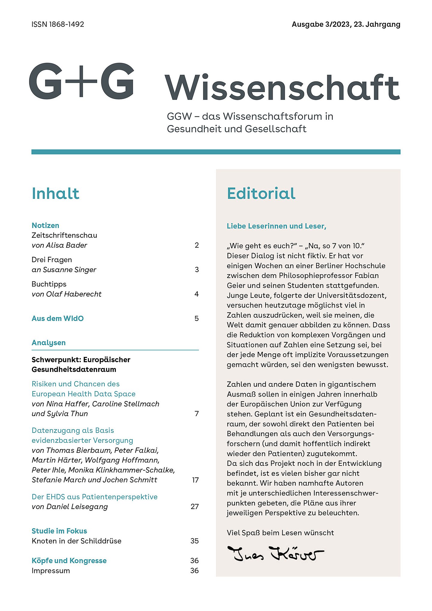 Foto: Titelseite der G+G-Wissenschaft 3_2023