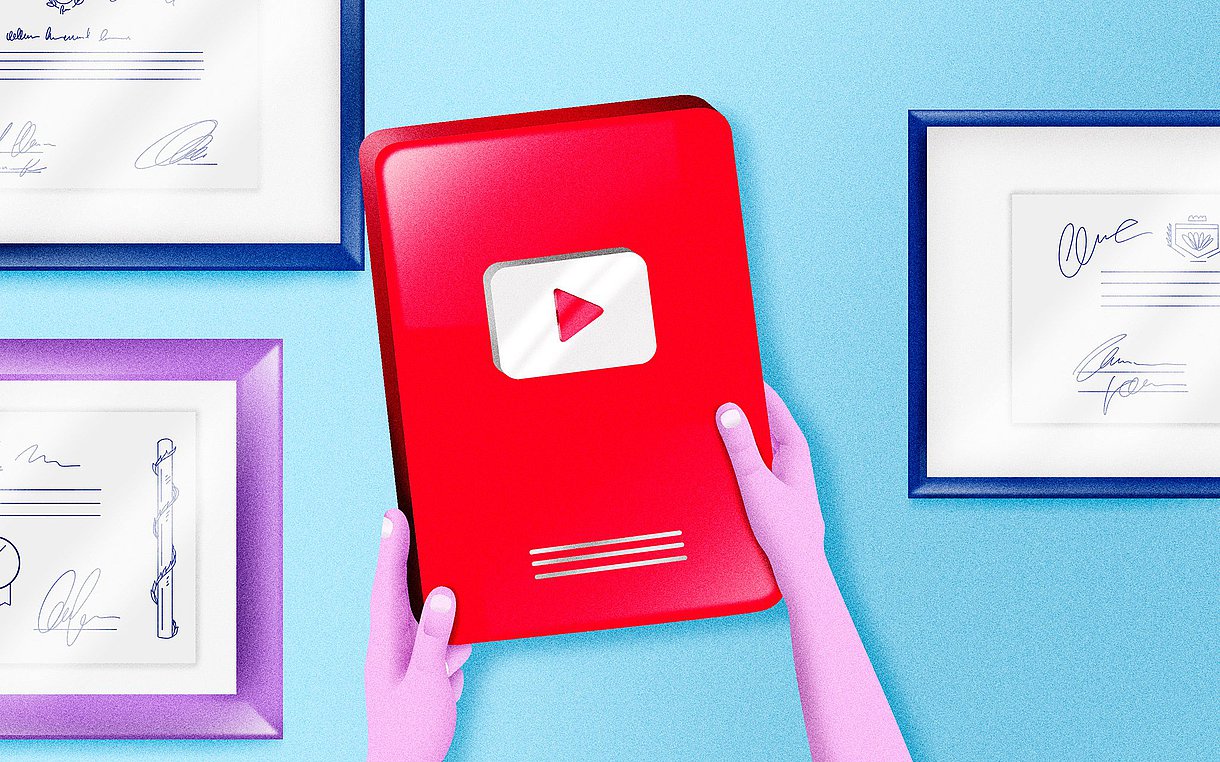 Foto: Illustration von Händen, die ein Tablet halten – mit Youtube auf dem Cover. Darüber hängen Bilderrahmen mit Diplomen.