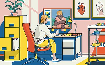 Illustration: Eine Ärztin sitzt am Schreibtisch, vor ihr ein Bildschirm. Dort ist ein Patient zu sehen, der seinen Arm in die Kamera hält.