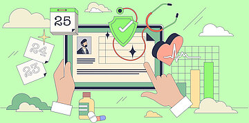 Illustration von einer Hand die ein Tablet benutzt auf dem eine Krankenakte angezeigt wird. Drumherum sind Zeichnungen von einem Stethoskop, einem Herz mit EKG Linie und Kalenderbl&auml;ttern.