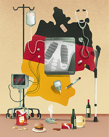 Illustration: Deutschlandkarte mit medizinischen Ger&auml;ten, ungesunden Lebensmitteln, Alkohol und Zigaretten.