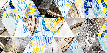 In einem Dreieckmosaik sind verschiedene Ausschnitte von Geldscheinen und M&uuml;nzen zusammengesetzt.