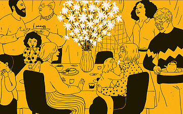 Illustration einer alten Frau, die fr&ouml;hlich in einer gro&szlig;en Runde Menschen am Caf&eacute;tisch sitzt