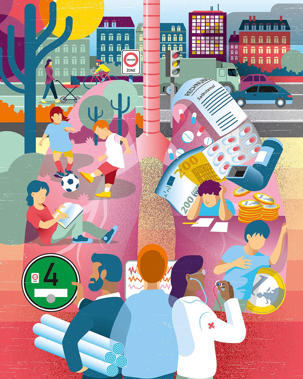 Illustration einer wuseligen Straße mit Autos und Menschen vor bunten Häusern