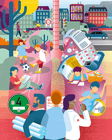 Illustration einer wuseligen Stra&szlig;e mit Autos und Menschen vor bunten H&auml;usern
