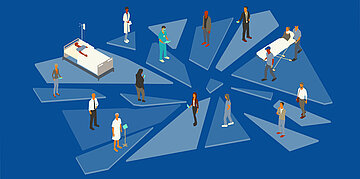 Illustration: Illustration eines zersplitterten Gesundheitswesens mit Patienten, medizinischem Personal, Verwaltung und Rettungsdienst.