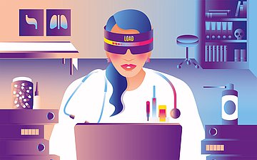 Eine Ärztin sitzt mit einer elektronischen Brille vor dem Rechner. Auf der Brille steht "load" und der Ladebalken ist ein Drittel voll.