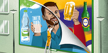 Foto: Illustration zeigt eine geteilte Werbefl&auml;che: links Wasser und ein alkoholfreies Getr&auml;nk, rechts Bierglas und Bierflasche.