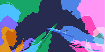 Foto: Illustration von bunten K&ouml;pfen mit Smartphones in den H&auml;nden.