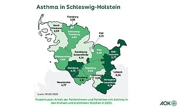 Anteil der Asthma-Erkrankten in den einzelnen Regionen in Schleswig-Holstein