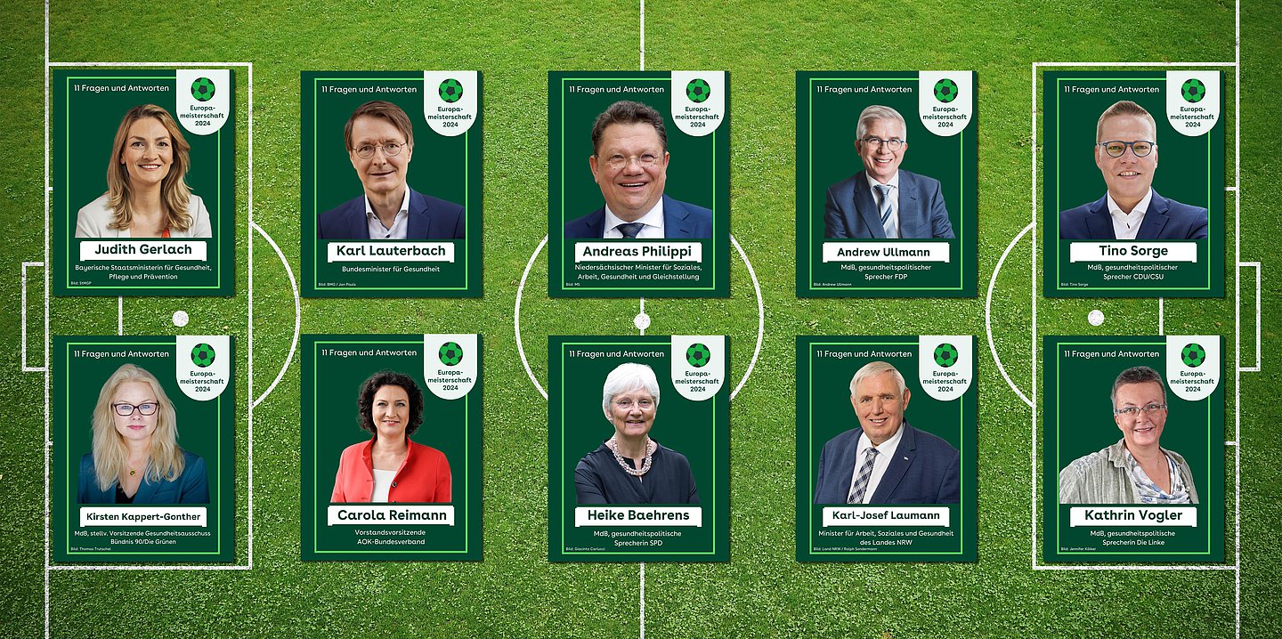 Foto: Carola Reimann, Karl Lauterbach, Andreas Philippi, Andrew Ullmann, Tino Sorge, Kirsten Kappert-Gonther, Kathrin Vogler, Heike Baehrens, Karl-Josef Laumann, Judith Gerlach – mit ihren Porträtbilder auf sogenannten Panini-Bilder für die Fußball-EM 2024.