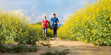 Das Foto zeigt einen Mann und eine Frau, die entlang von bl&uuml;henden Rapsfeldern joggen.