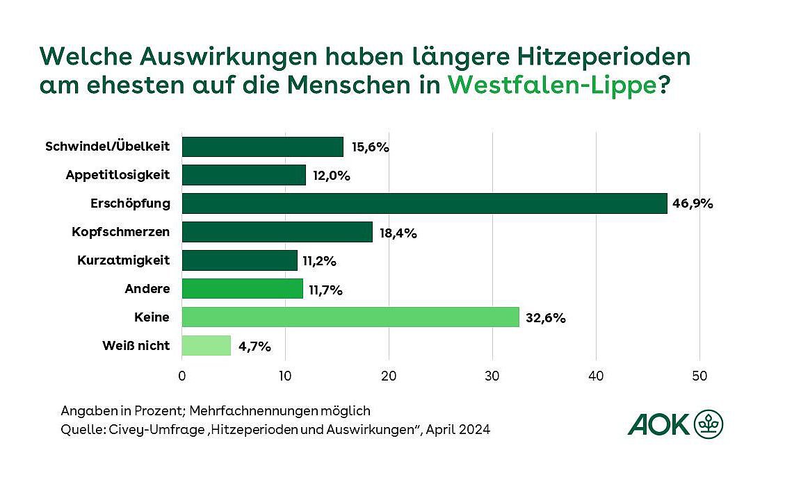 Die Grafik zeigt, welche Auswirkungen längeren Hitzeperioden am ehesten auf die Menschen in Westfalen-Lippe haben.