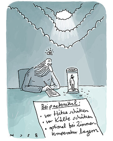 Illustration: Gott sitzt am Tisch neben einem Glas mit der Aufschrift &sbquo;Adam&lsquo; und liest einen Beipackzettel mit Lagerungshinweisen f&uuml;r Adam.