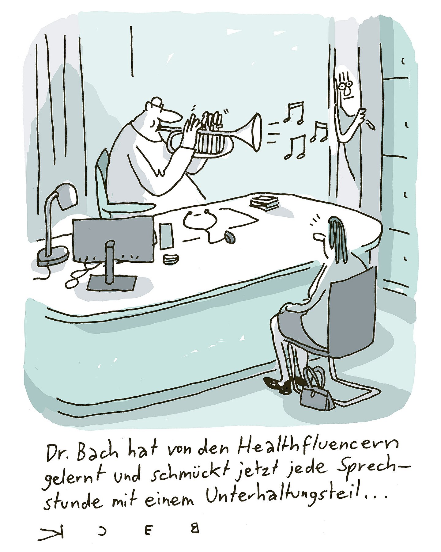 Foto: Cartoon zum Thema "Healtfluencer": Doktor sitzt mit Trompete vor seiner Patientin: "Dr. Bach hat von den Healthfluencern gelernt und schmückt jetzt jede Sprechstunde mit einem Unterhaltungsteil." 