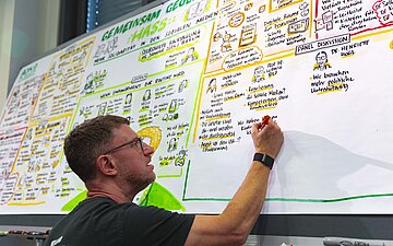 Benjamin Fehlis steht vor einem &uuml;berdimensioniertem Flip-Chart und schreibt gerade innerhalb seines Graphic-Recordings Ergebnisse der Tagung nieder.