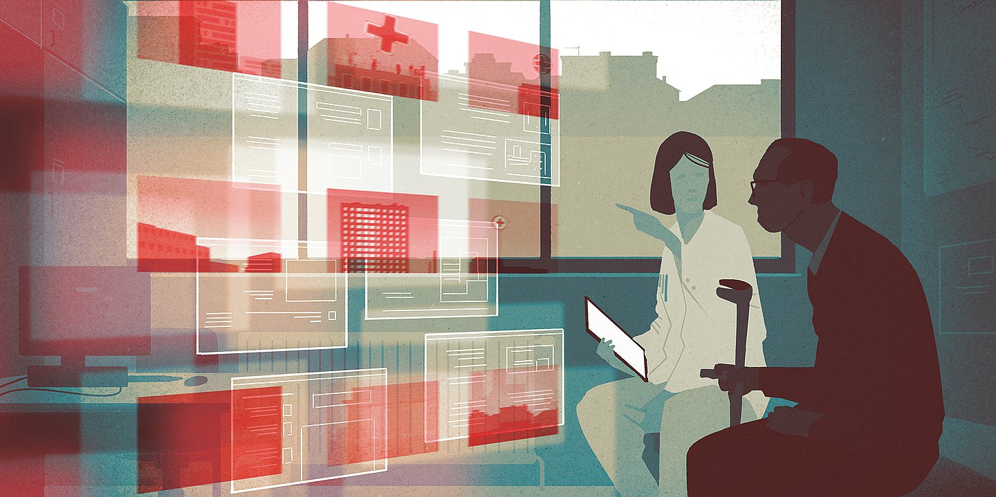 Illustration eines älteren Herren mit Krücke, der sich von einer Ärztin anhand eines großen digitalen Bildschirms beraten lässt