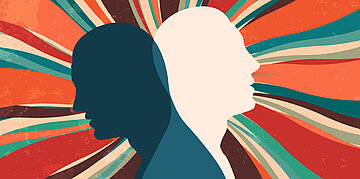 Illustration: Der Hintergrund besteht aus bunten Linien, die vom selben Zentrum ausstrahlen. In der Mitte sind zwei aneinanderliegende K&ouml;pfe, die in unterschiedliche Richtungen schauen. Der Linke ist schwarz, der Rechte wei&szlig;.